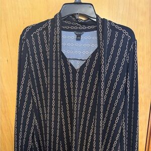 NWOT Ann Taylor Black and Tan Chain Pattern Mixed Media Tie Front Blouse